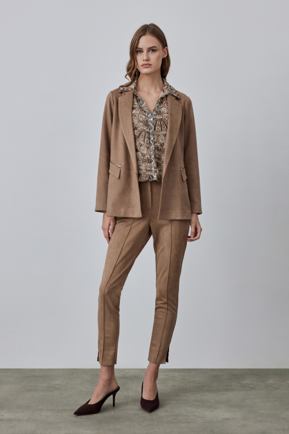 Suede Blazer Jacket Pants Set - Beige - 1