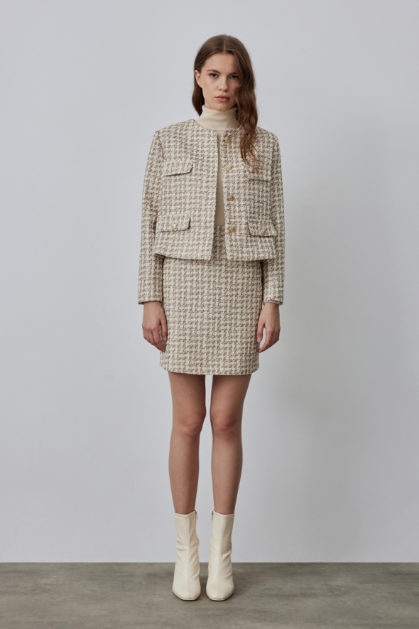 Collarless Houndstooth Tweed Jacket Skirt Set - Ecru - 1