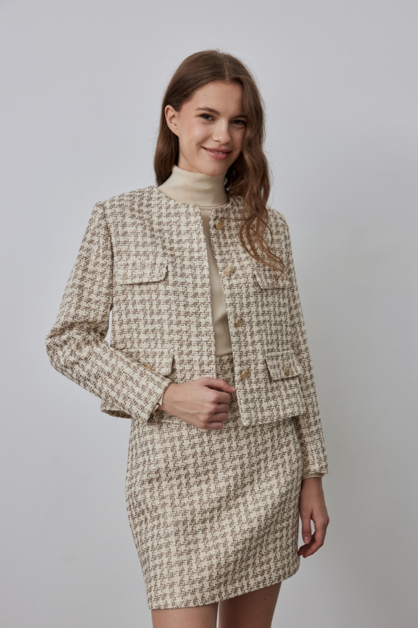 Collarless Houndstooth Tweed Jacket Skirt Set - Ecru - 2