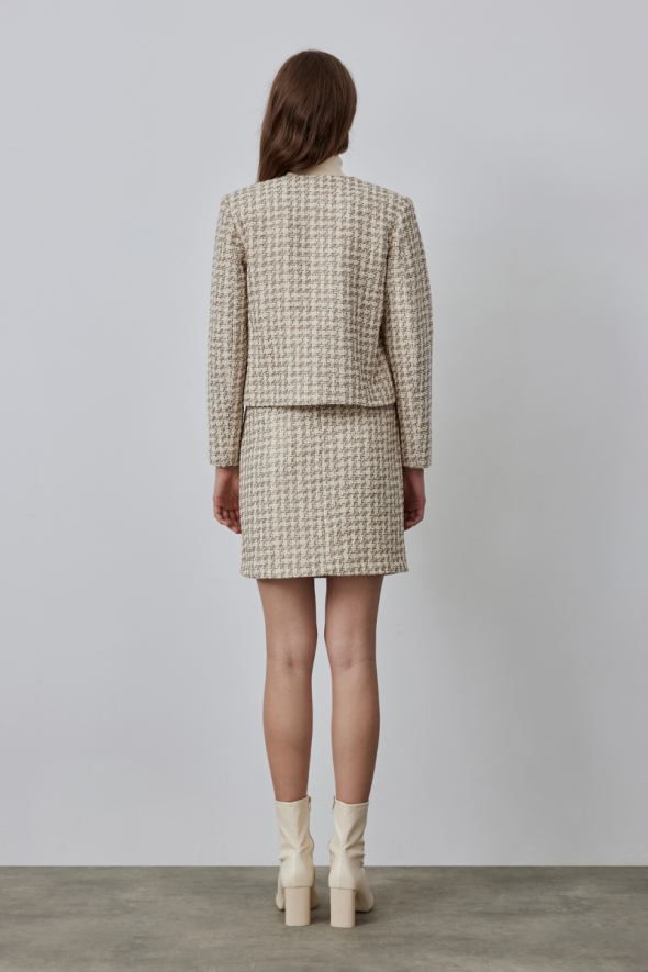 Collarless Houndstooth Tweed Jacket Skirt Set - Ecru - 3