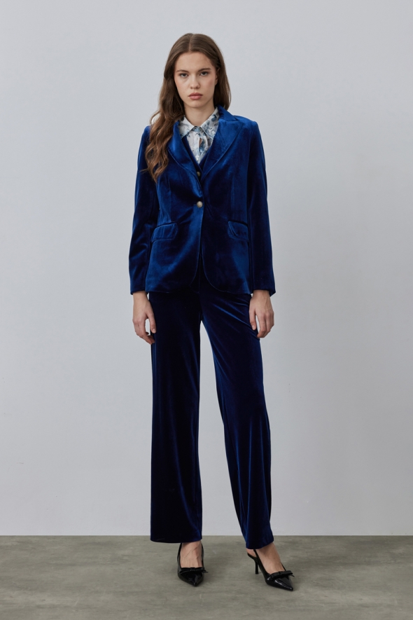 Classic One Button Velvet Jacket Pants Set - Navy Blue - 1