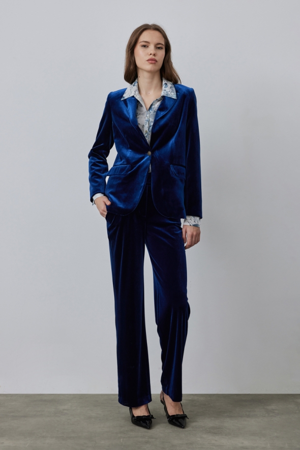 Classic One Button Velvet Jacket Pants Set - Navy Blue - 2