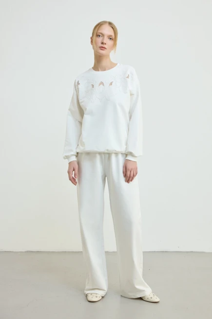 Brode İşlemeli Pamuklu Sweatshirt Eşofman Altı - Ekru - 1