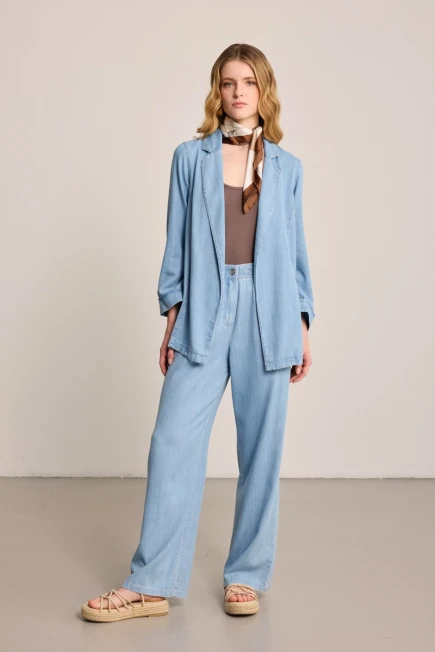Tencel Denım Ceket Bol Paça Pantolon - Mavi - 1