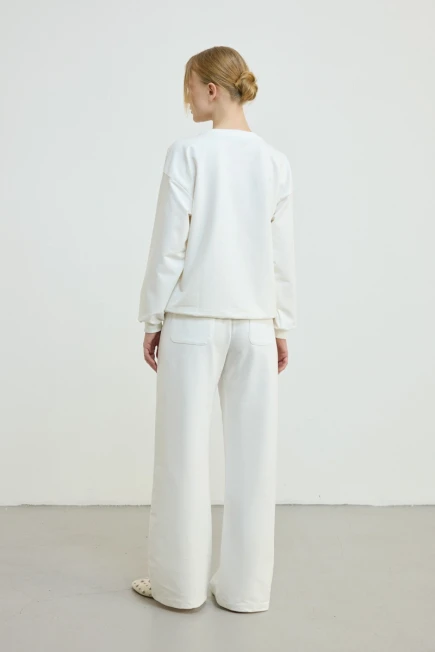 Brode İşlemeli Pamuklu Sweatshirt Eşofman Altı - Ekru - 2