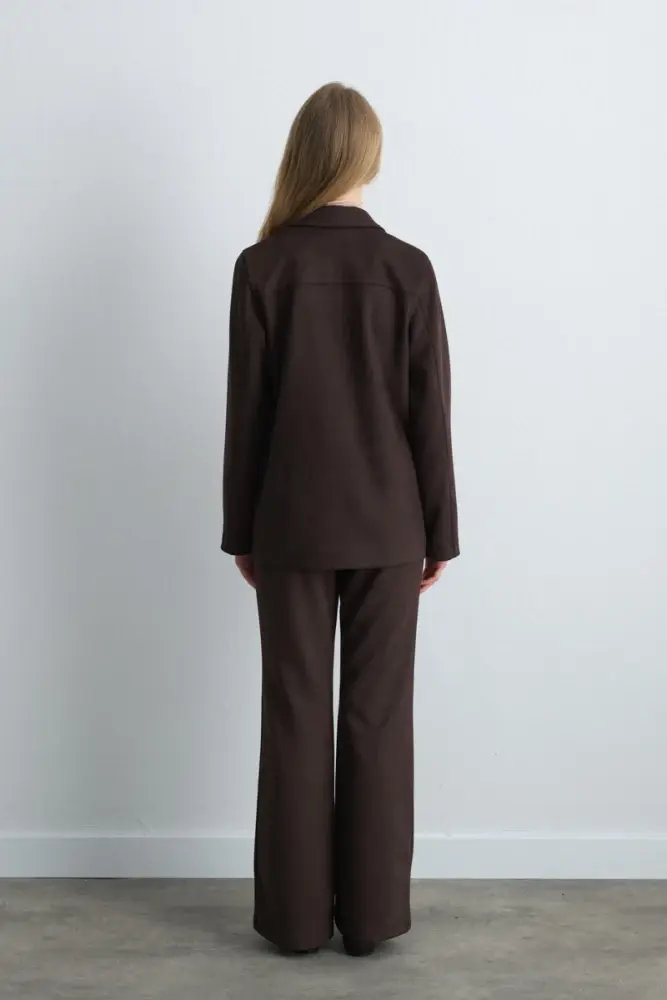 Süet Blazer Ceket & Geniş Paçalı Pantolon - Kahverengi Takım - 2