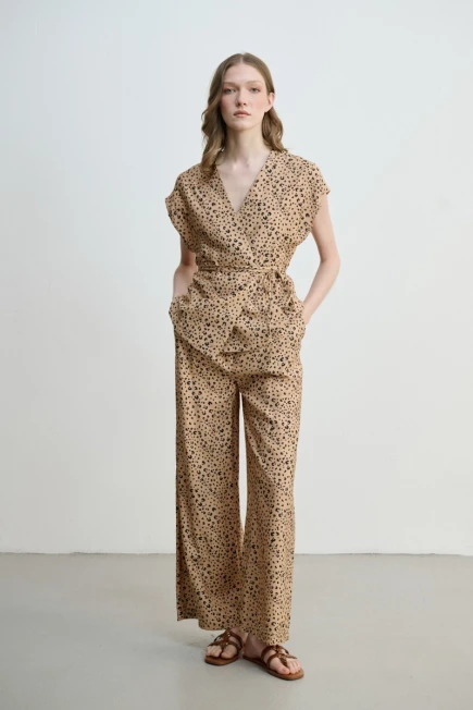 Beli İp Kemerli Anvelop Kesim Leopar Bluz Bol Paça Pantolon - Camel - 1