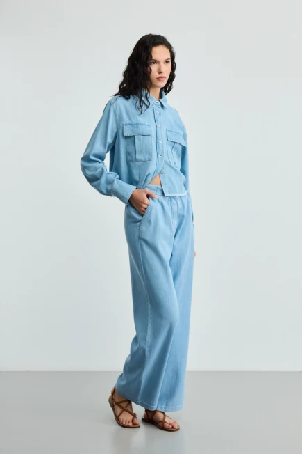 Cepli Tencel Denim Gömlek Bol Paça Pantolon - Mavi - 1