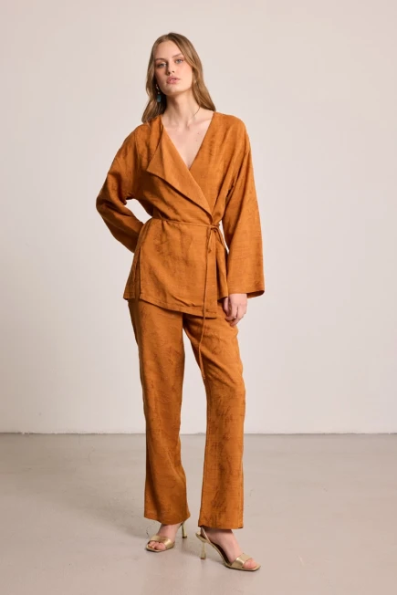 Jacquard Patterned Linen Kimono with Trousers - Brick Red - 1