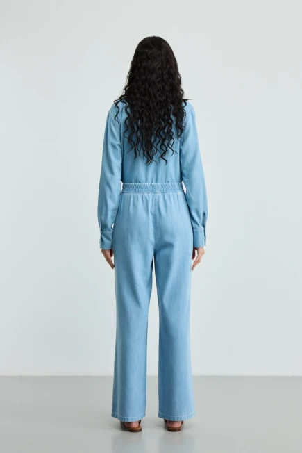 Cepli Tencel Denim Gömlek Bol Paça Pantolon - Mavi - 2
