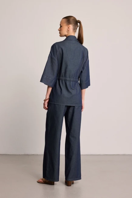 Beli Büzgülü Denim Gömlek Ceket Beli Lastikli Bol Paça Denim Pantolon - Mavi - 2