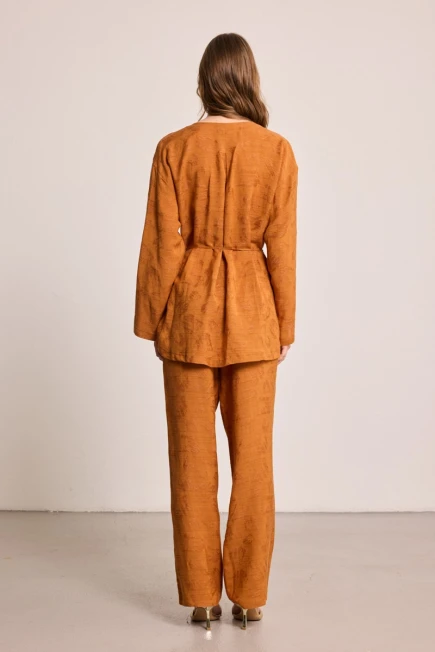 Jacquard Patterned Linen Kimono with Trousers - Brick Red - 2
