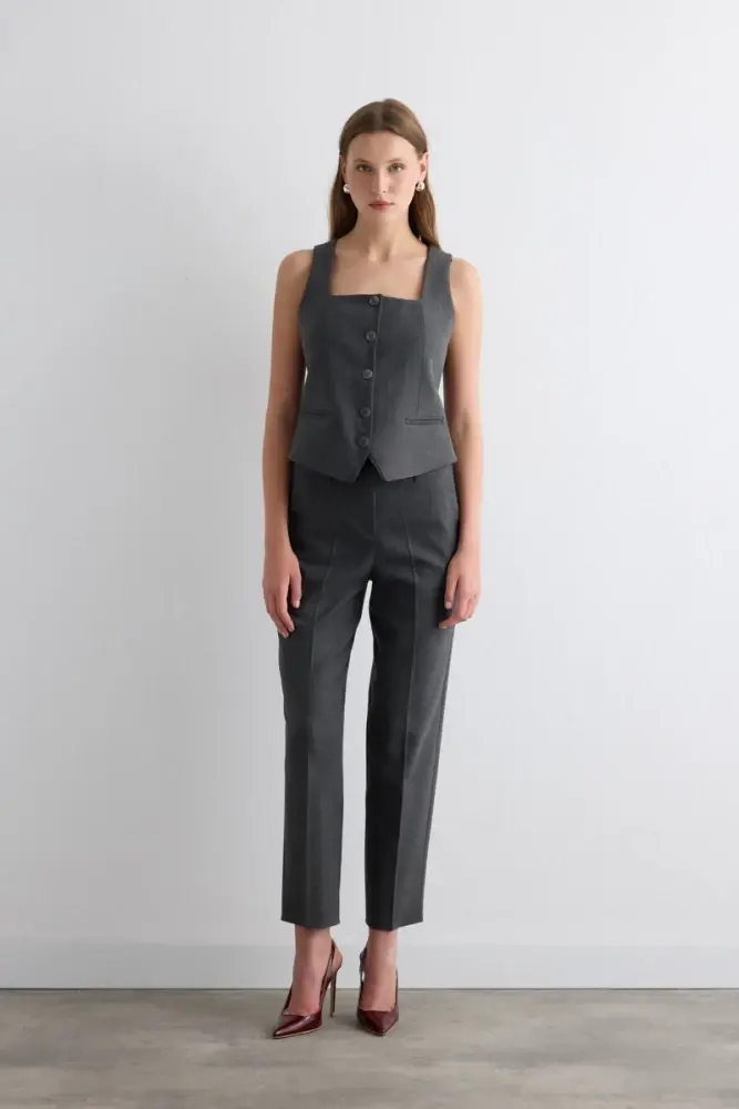 Herringbone Vest with Belted Cigarette Pants - Grey - 2