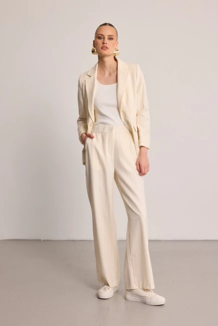 Çizgili Tencel Ceket Kumaş Pantolon - Ekru - 1