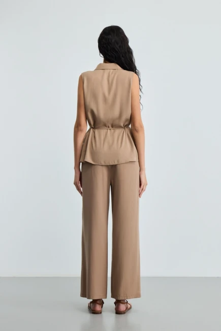 Beli İp Kemerli Tencel Bluz Pantolon - Vizon - 2