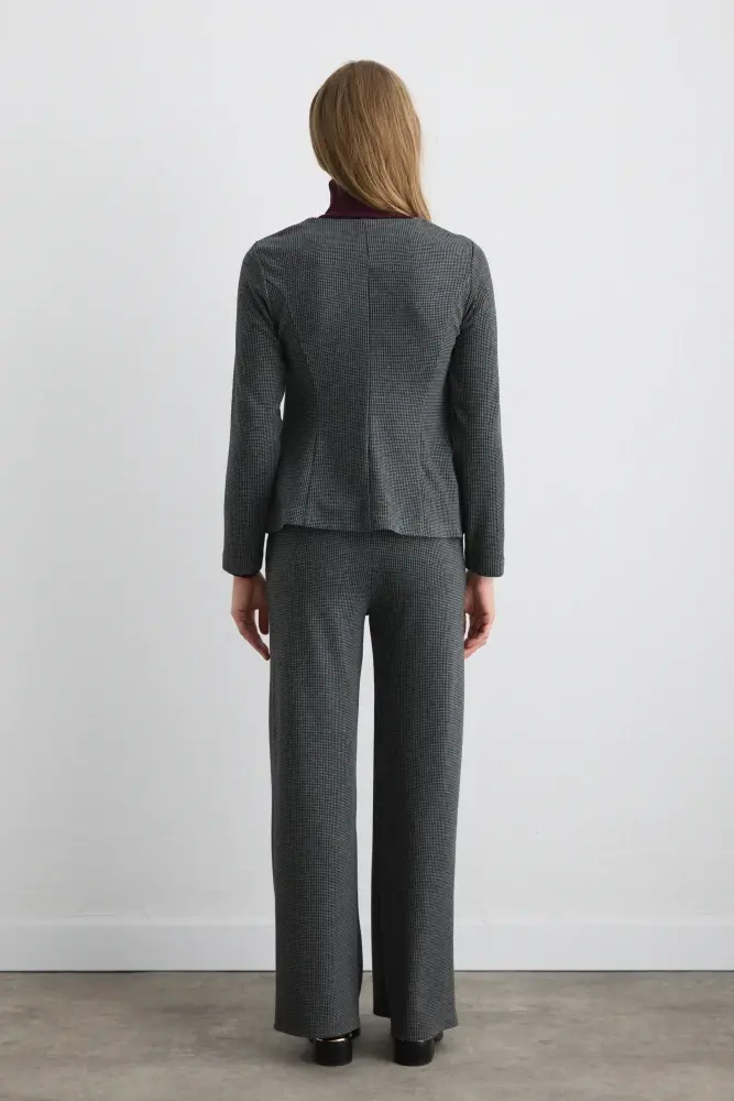 V Yaka Kazayağı Ceket & Bol Paça Pantolon - Gri Takım - 2