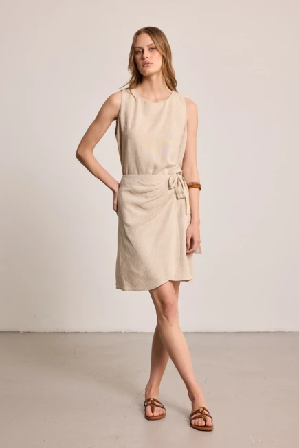Sleeveless Linen Blouse with Wrap-Style Mini Skirt - Beige - 1