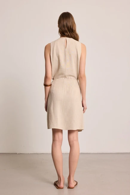 Sleeveless Linen Blouse with Wrap-Style Mini Skirt - Beige - 2