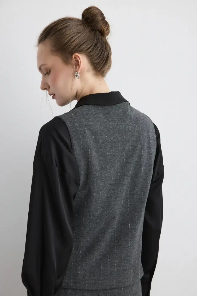 Simli Çizgili Örme Yelek & Pantolon - Gri Takım - 2