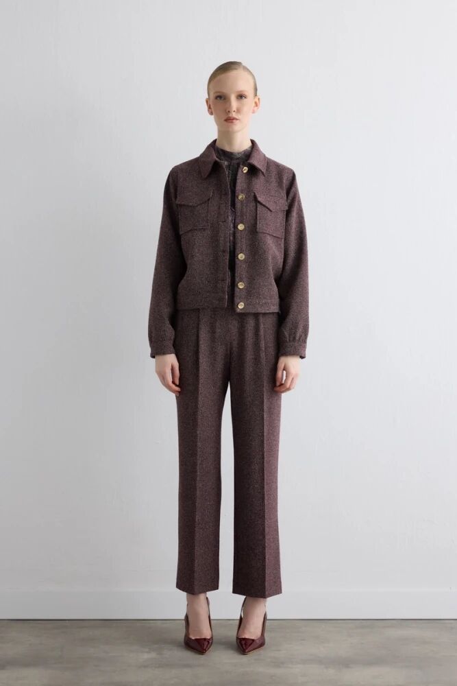 Kırçıllı Cepli Ceket & Yüksek Bel Pileli Pantolon - Bordo Takım