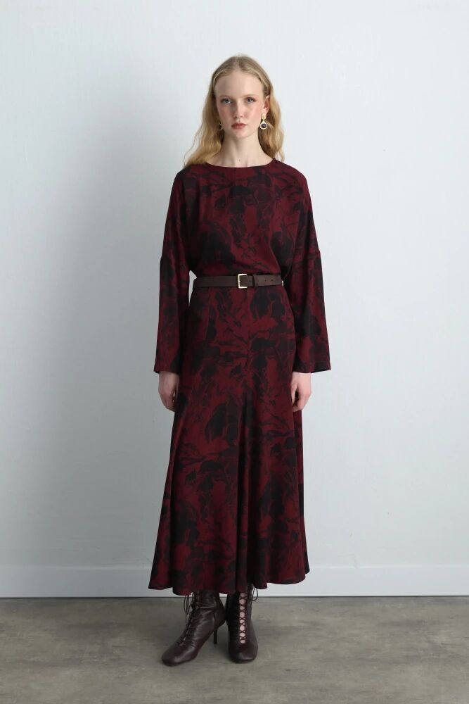 Anka Koleksiyonu Desenli Viskon Bluz & Volanlı Uzun Etek - Bordo Takım