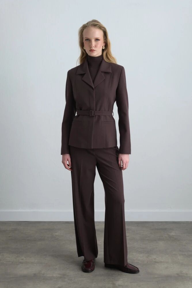 Beli Kemerli Blazer Ceket & Yüksek Bel Palazzo Pantolon - Kahverengi Takım