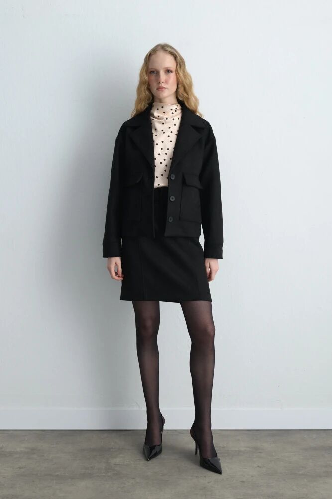 Cepli Süet Ceket & Mini Etek - Siyah Takım