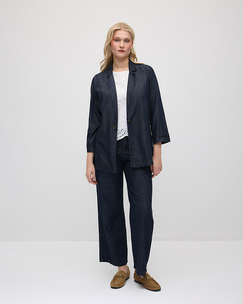Rahat Kesim Ceket & Bol Paça Tencel Denim Pantolon Takım - Lacivert