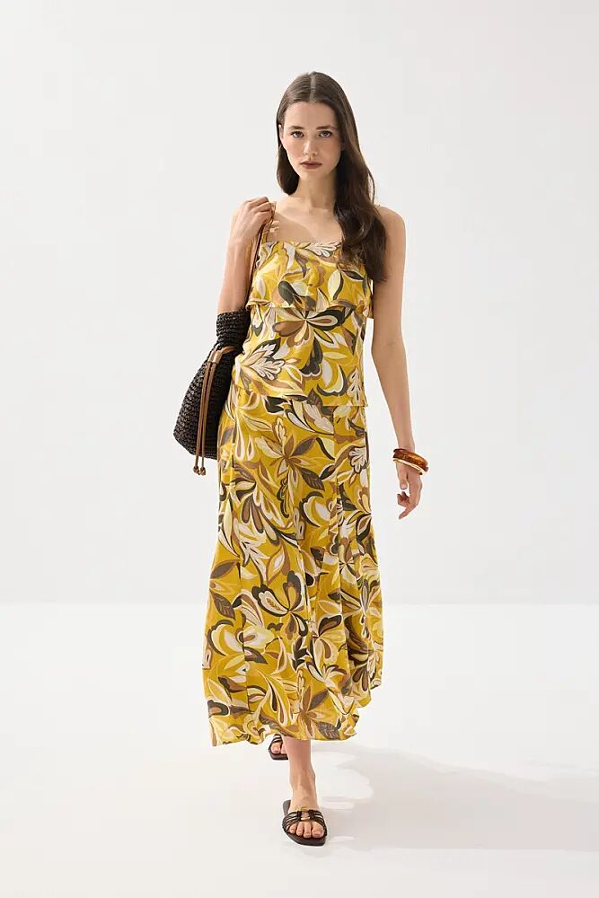 Desenli Askılı Bluz & Hasır Kemerli Uzun Keten Etek - Sarı