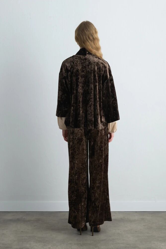 Anka Koleksiyonu Kadife Kimono & Bol Paça Pantolon - Haki Takım - 2