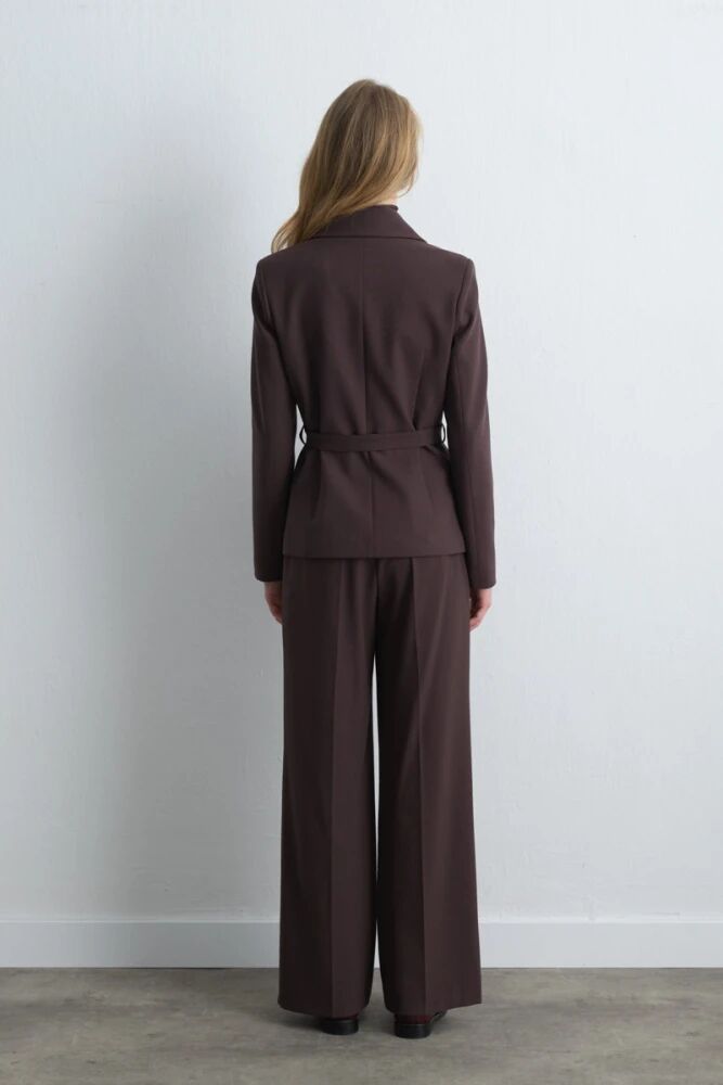 Beli Kemerli Blazer Ceket & Yüksek Bel Palazzo Pantolon - Kahverengi Takım - 2