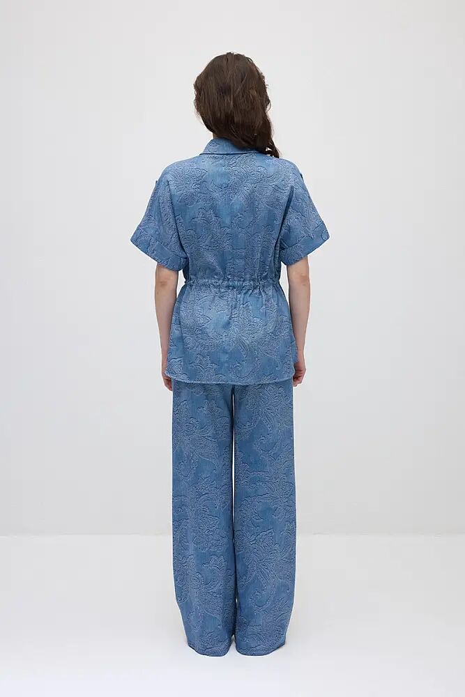 Beli Bağcıklı Kendinden Desenli Viskon Gömlek & Bol Paça Pantolon Takım - Mavi - 2