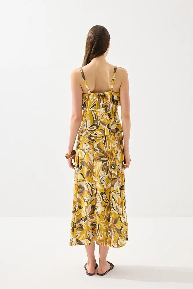 Desenli Askılı Bluz & Hasır Kemerli Uzun Keten Etek - Sarı - 2