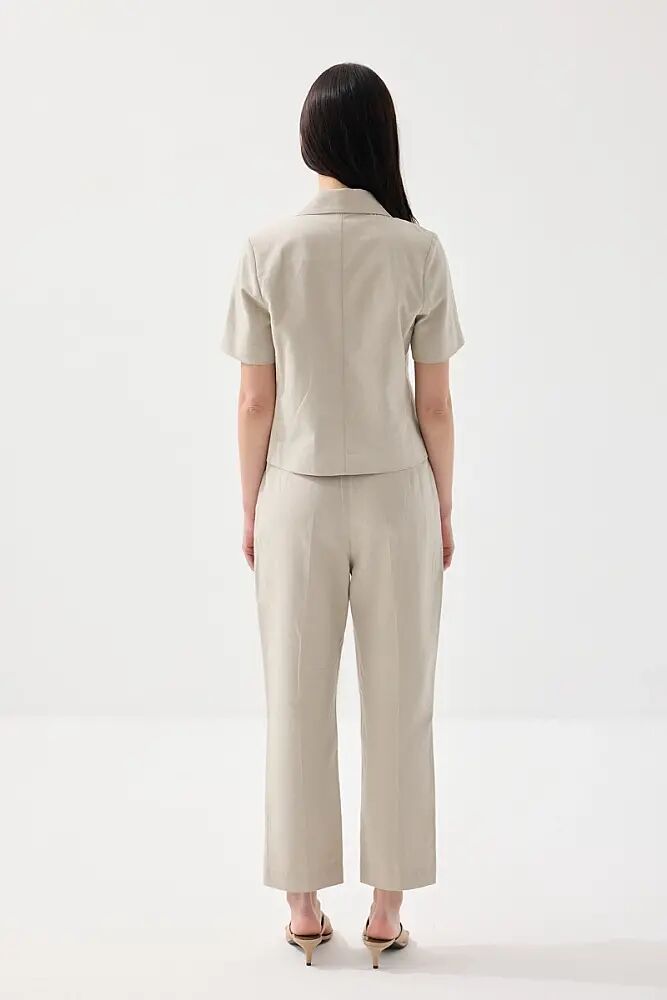 Kısa Keten Ceket & Pamuk Keten Havuç Kesim Pantolon Takım - Taş - 2