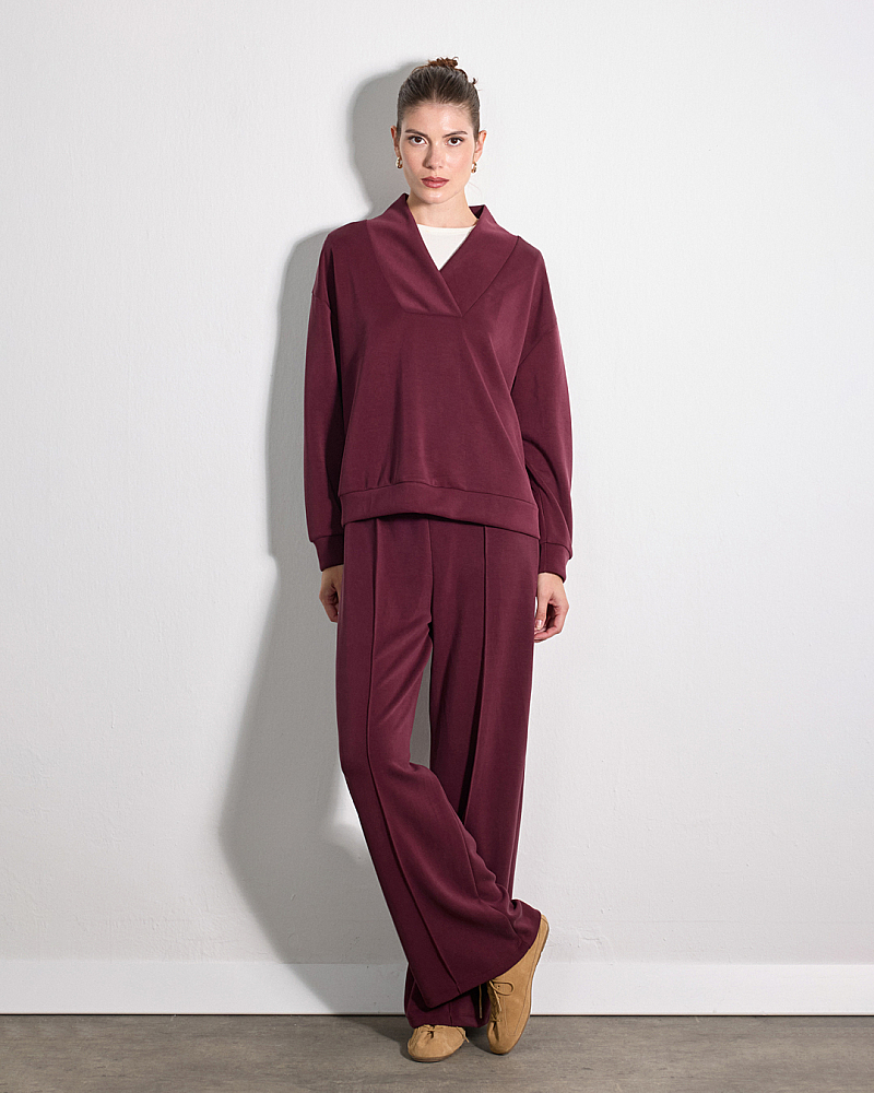 Yaka Detaylı Modal Örme Sweatshirt & Boru Paça Nervür Detaylı Modal Eşofman Altı Takım - Bordo
