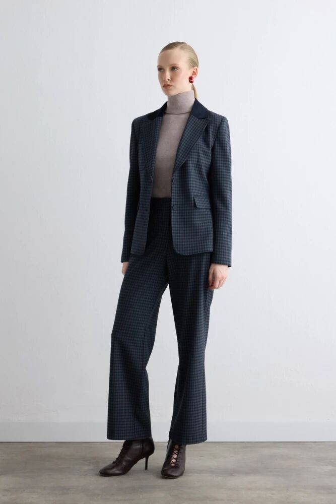 Velvet Collared Mini Checked Jacket with Straight-Leg Pants - Navy