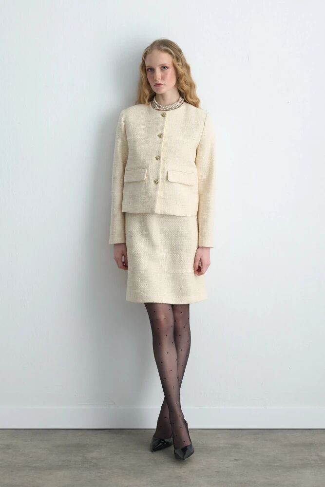 Sıfır Yakalı Tuvit Ceket & Kısa Kollu Elbise - Ekru Takım