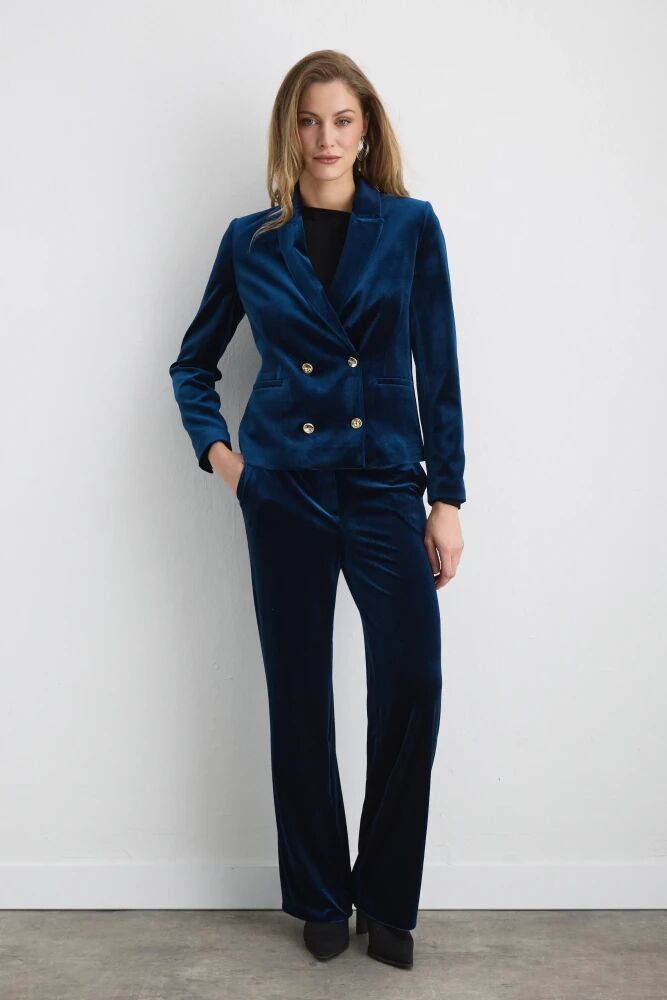 Kruvaze Kadife Ceket & Boru Paça Pantolon- Lacivert Takım