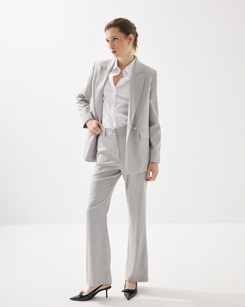 Two Button Herringbone Blazer Jacket & Palazzo Pants Set - Grey