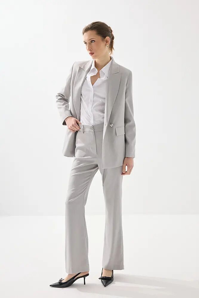  İki Düğmeli Balıksırtı Blazer Ceket & Palazzo Pantolon - Gri