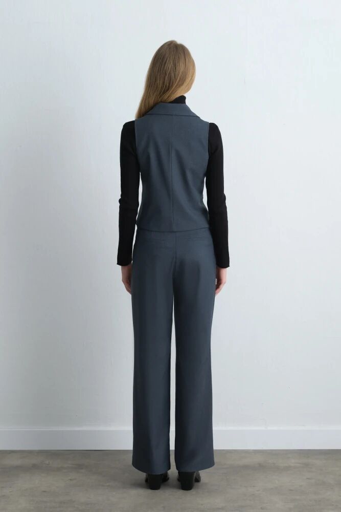 Bele Oturan Kumaş Yelek & Düz Paça Pantolon- Lacivert - 2
