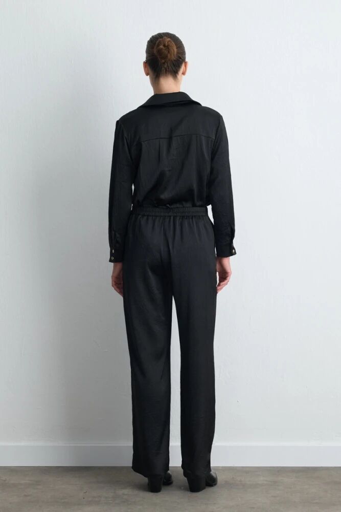 Krinkıl Saten Gömlek Bol Paça Pantolon &- Siyah Takım - 2