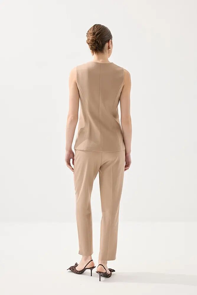 Klasik Düğmeli Yelek & Boru Paça Kumaş Pantolon Takım - Bej - 2