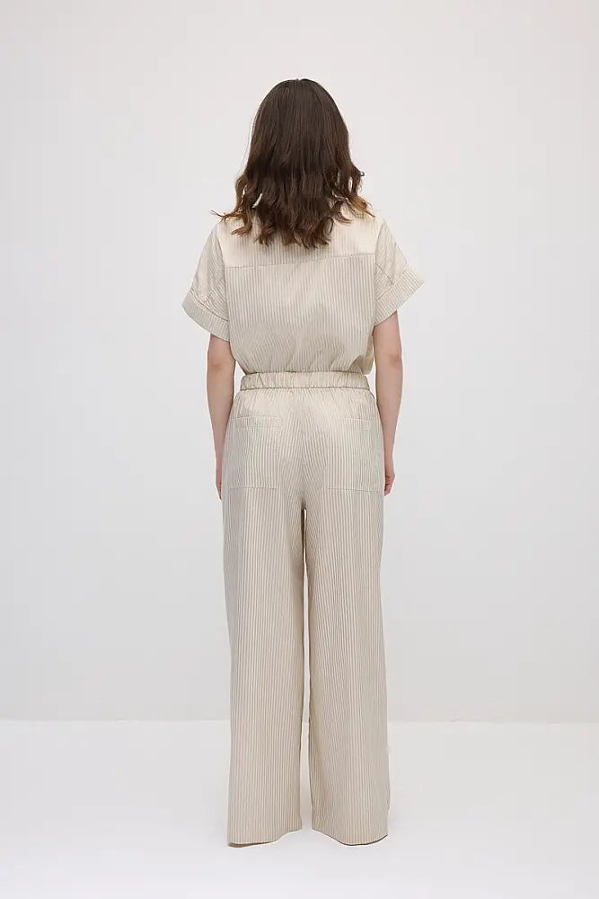 Yakası Bağcıklı Bluz & Bol Paça Beli Lastikli Lyocell Pantolon Takım - Bej - 2