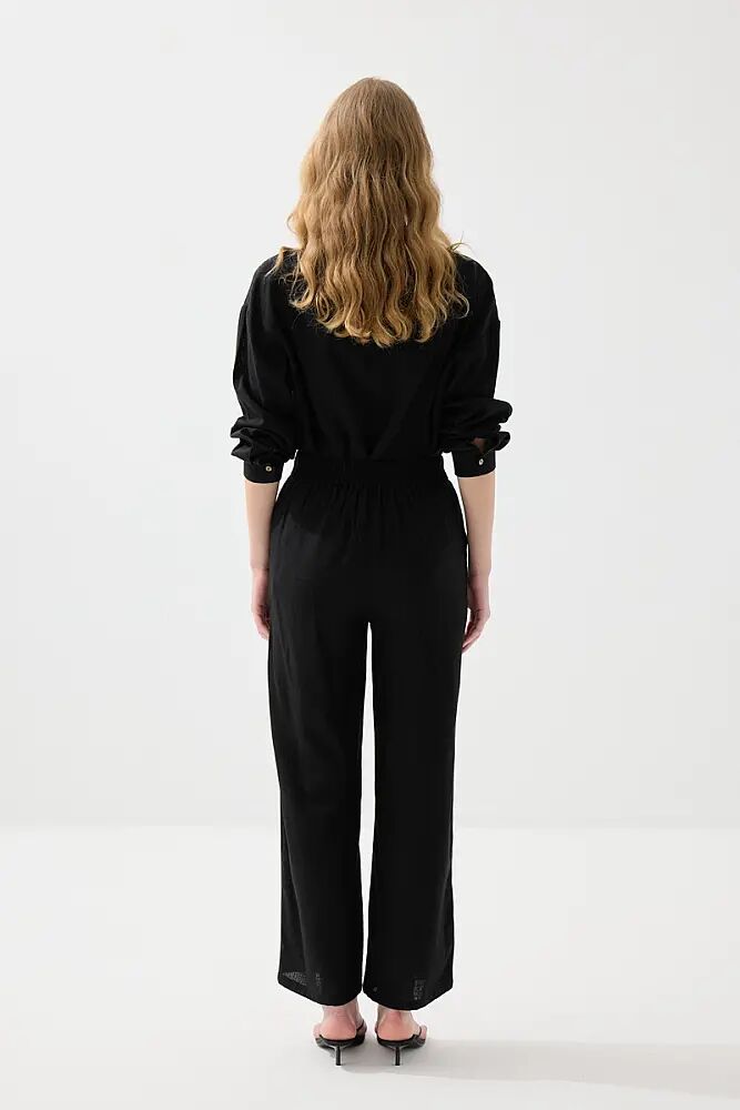 Rahat Kesim Keten Gömlek & Bol Paça Pantolon Takım - Siyah - 2