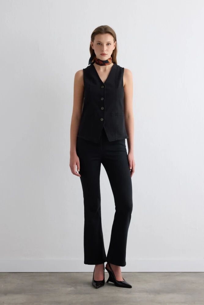 Tencel Denim Black Vest with Black Flare Pants - Black