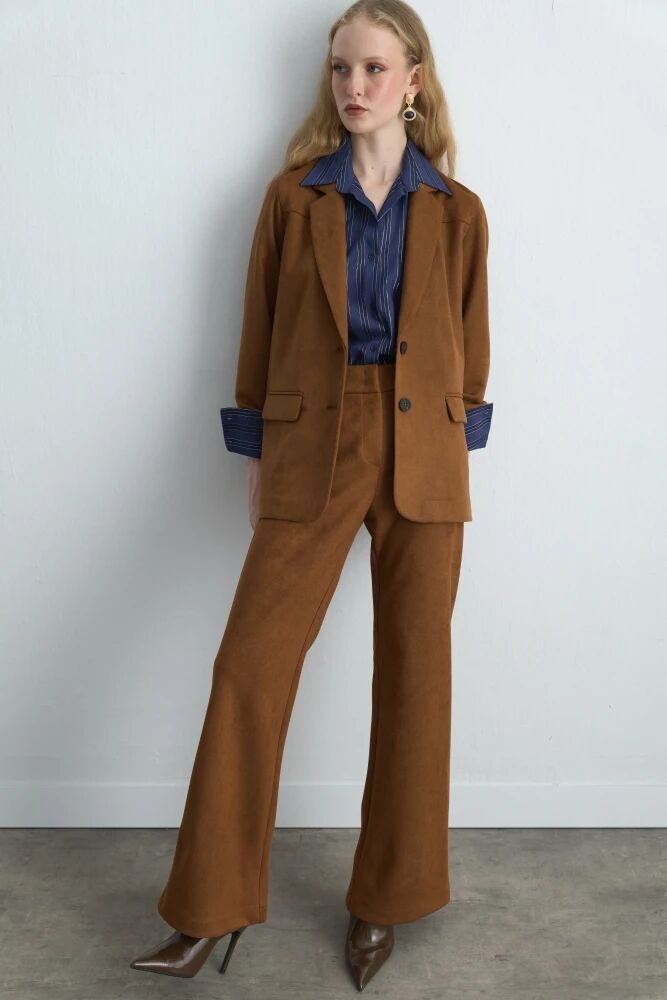 Süet Blazer Ceket & Geniş Paçalı Süet Pantolon - Taba Takım