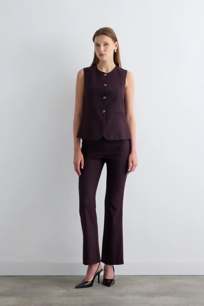 Yuvarlak Yaka Çizgili Yelek & Çizgili Geniş Paça Pantolon - Mürdüm Takım