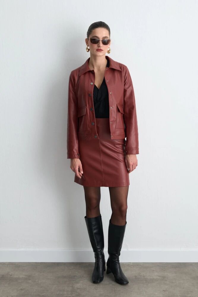 Cepli Suni Deri Ceket & Mini Etek - Bordo Takım