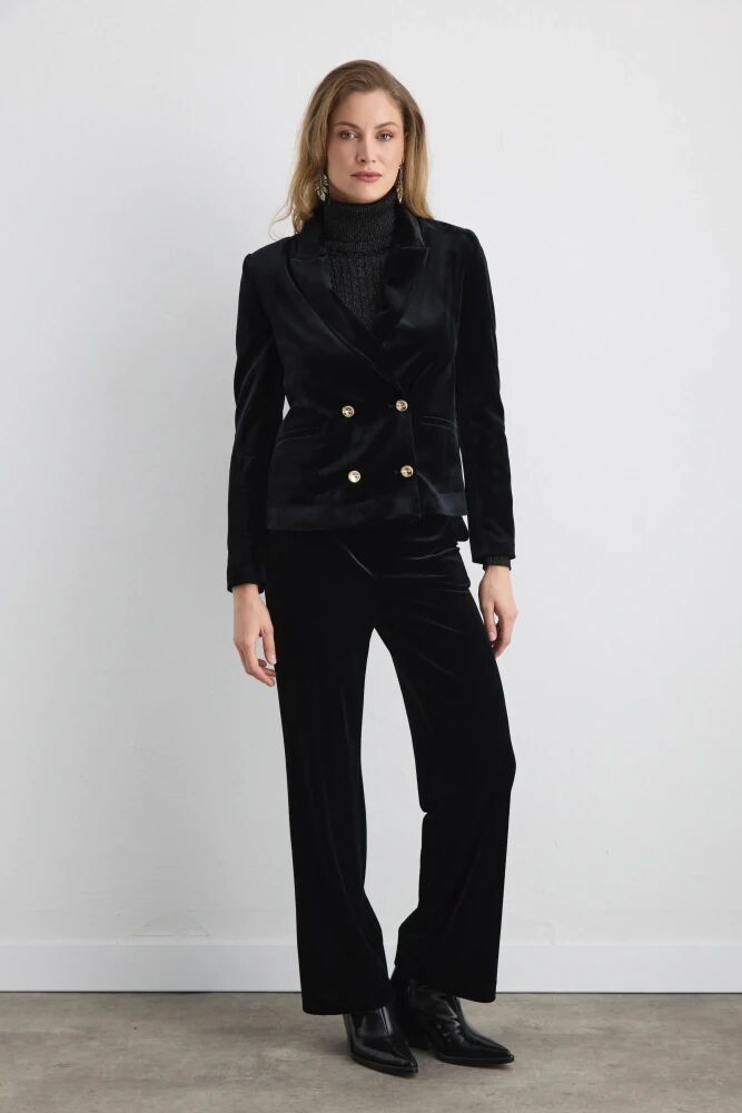Kruvaze Kadife Ceket & Boru Paça Pantolon- Siyah Takım